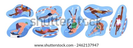 Swimmers are on racing lanes set. Active people diving, swim crawl, breaststroke in swimming pool. Characters in swimsuits do water sport. Flat isolated vector illustrations on white background