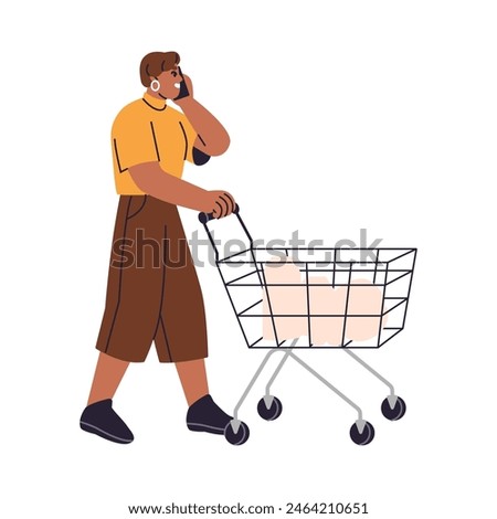 Customer pushes goods trolley in supermarket. Woman talks by phone while shopping in grocery store. Buyer with cart makes purchases, buys food. Flat isolated vector illustration on white background