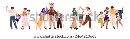 Diverse families celebrate win, event set. Happy people have fun together. Positive parents, couple with funny kids rejoice to success, embrace. Flat isolated vector illustrations on white background