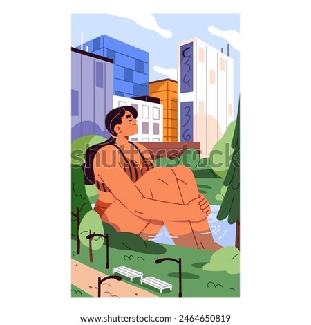 Giant girl in swimsuit relaxes in pond in park. Large young woman rests, sits in water with buildings around. Happy enormous person in city. Calm urban life concept poster. Flat vector illustration