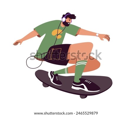 Bearded skater rides fast on board. Happy man skating on longboard and listens to music with headphones. Person does sports tricks, stunts with skateboard. Flat isolated vector illustration on white