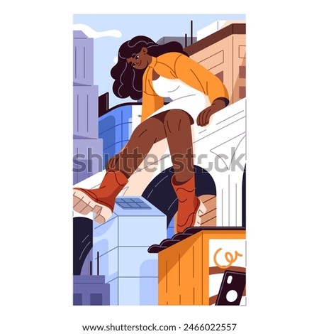 Giant girl sits on bridge, looks down. Gigantic young woman relaxes with dangling legs. Enormous person is on urban street with buildings. Big city life concept poster. Flat vector illustration