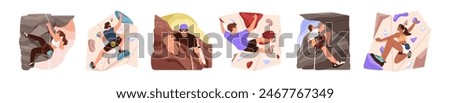 People go bouldering indoor and outdoor set. Young men and woman does extreme sport. Climbers training on rock climbing gym, cliff wall. Flat isolated vector illustrations on white background