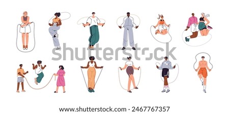 Different people skipping rope set. Happy girl does active exercises, jumps. Young man does sports workout, cardio training. Jumpers leap, hop. Flat isolated vector illustrations on white background