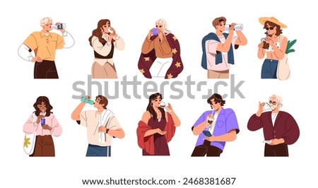 People drink different beverages set. Diverse men and women quench thirst with bottle of cool water, cocktails, juices. Characters hold cups of coffee, tea. Flat isolated vector illustrations on white