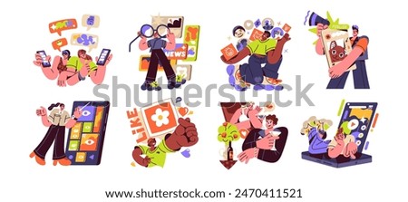 People share in social media, networks set. Men and women chat online, publish in internet, watching videos, scroll news by mobile phone. Business concept. Flat isolated vector illustrations on white