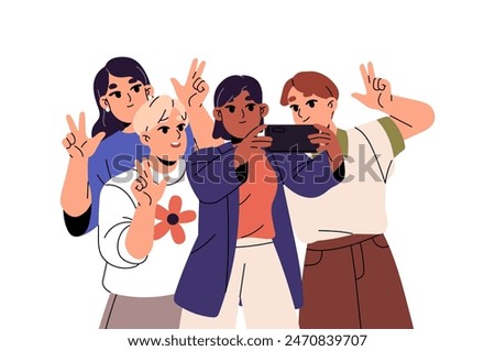 People photography together. Group of diverse friends smile, gesturing with peace sign for selfie. Happy teenagers taking joint photo, picture by phone. Flat isolated vector illustration on white