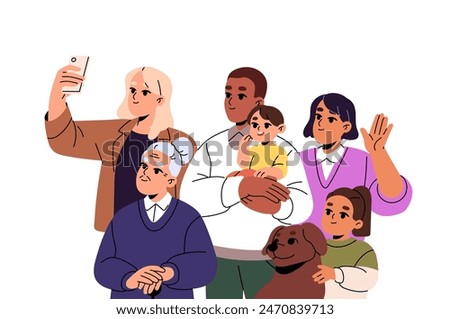 Big family smiles, taking selfie with dog. Several generations: kids, parents, granny do joint photo, picture. Happy people photography together. Flat isolated vector illustration on white background