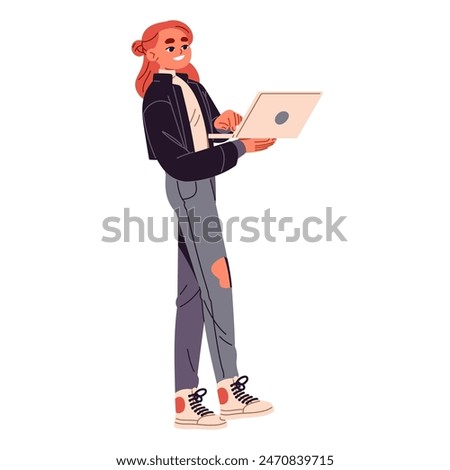 Happy teenager carries a laptop in hand. Redhead girl using mobile computer to communicate. Teen person chats online, typing. Remote, distance education. Flat isolated vector illustration on white