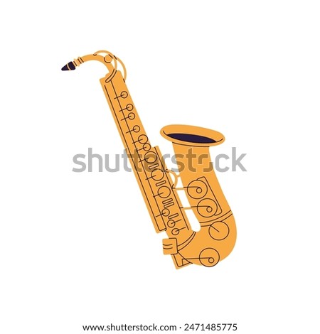 Classical golden saxophone icon. Professional gold sax. Wind, brass music instrument to play tunes, melody in jazz concert, blues performance. Flat isolated vector illustration on white background