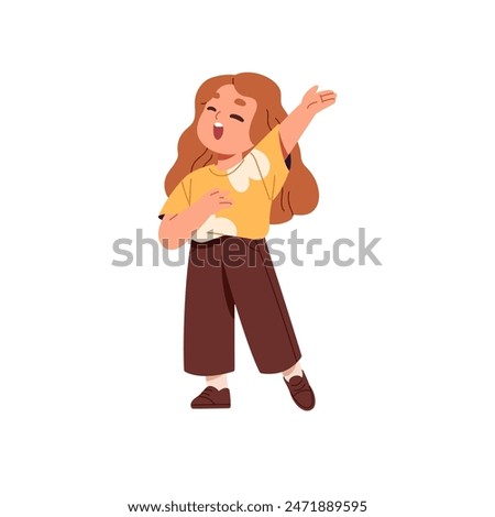 Cute child sings national anthem with putting hand on heart. Talented little girl shows in vocal concert. Happy kid singer performs in music performance. Flat isolated vector illustration on white