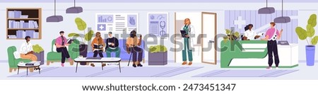 Patients are in queue for doctor treatment. People are on sofa in waiting room of hospital horizontal banner. Medic appointment in clinic. Medical center reception interior. Flat vector illustration