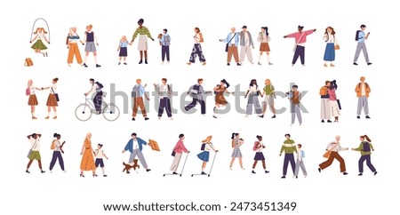 Crowd of tiny people, children set. Happy students go back to school. Different kids walk, have fun. Friends, classmates, pupils play together. Flat isolated vector illustrations on white background