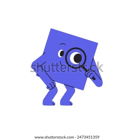 Cute geometric character researches with loupe. Square figure learning, analysis, explores with magnifier. Happy shape searches through magnifying glass. Flat isolated vector illustration on white