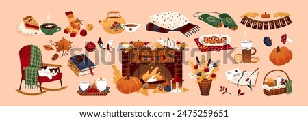 Cozy autumn set. Fall aesthetics items: hot tea with pie, knitted socks, candles, leaves, pumpkin. Cosy season esthetics: fireplace, cute cat on rocking chair. Flat isolated vector illustrations