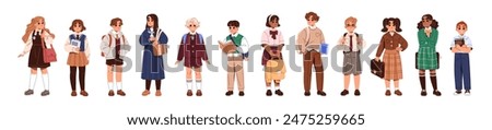 Diverse children in school uniform set. Happy kids with bags, schoolbags, backpacks standing. Different students, pupils hold books, textbooks. Flat isolated vector illustrations on white background