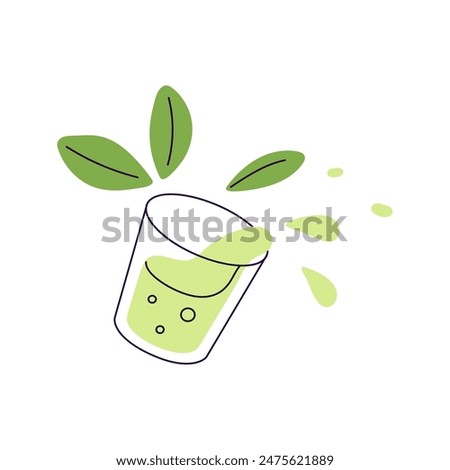 Cool drink in transparent glass. Refreshments with fresh mint leaves. Green sparkling beverage with splashes. Lemonade for quenching thirst. Flat isolated vector illustration on white background