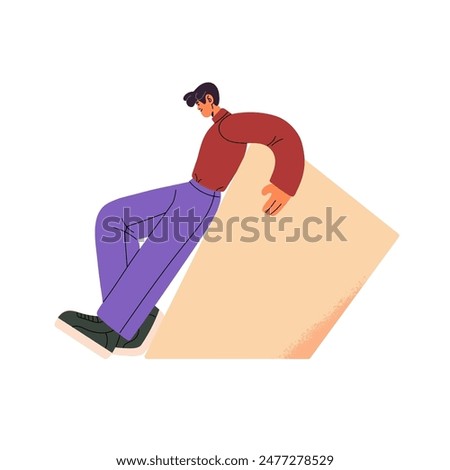 Hardworking person works alone. Office worker pushes heavy geometric shape. People overcome challenges, problem, rushing to success concept. Flat isolated vector illustration on white background