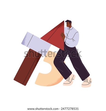 Hardworking worker challenges many tasks alone. Person pushes heavy geometric shapes. People work, overcome problems, rushing to success concept. Flat isolated vector illustration on white background