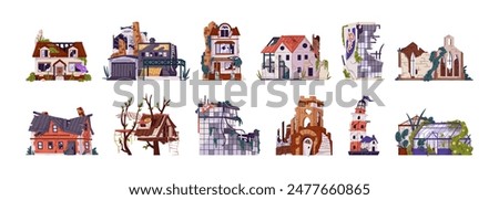 Destroyed buildings set. City collapses by apocalypse. Broken houses, old ruin of church, crumbling constructions, dilapidated lighthouse. Flat isolated vector illustrations on white background