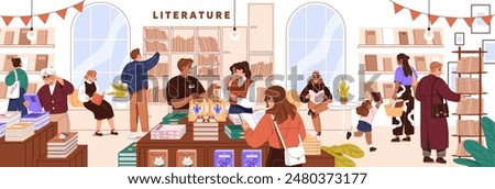 Diverse people choose books on bookshelves panorama. Customers make choice of novel, textbook to buy in bookstore. Library, literature store interior with reading buyers. Flat vector illustration