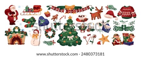 Xmas items set. Christmas tree, Santa with gifts, elves. Festive wreath, candy canes, gingerbreads. New year decorations. Winter holiday decor. Flat isolated vector illustration on white background