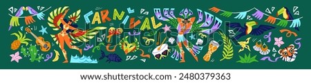 Horizontal banner with design elements of Brazil carnival. Celebration of Latin festival, Brasil party. Brazilians, people dance to music. Tropical leaves, exotic toucans. Flat vector illustration