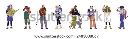 Tourists with backpacks set. Hikers with equipment trekking. Backpackers with map, binoculars hiking. People carry rucksacks, knapsacks, bags in journey. Flat isolated vector illustrations on white