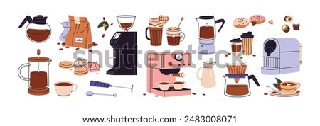 Coffeehouse items set. Elements of coffeeshop kitchen. Coffee machines, beans grinder, coffeepots. Paper cups of beverage, mug of hot drinks, desserts. Flat isolated vector illustrations on white