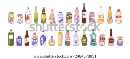 Various drinks set. Different alcohol beverages and refreshments in glass, plastic bottles, tin cans. Soda, beer, champagne, wine, water, juice. Flat isolated vector illustrations on white background