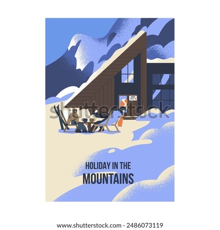 People recreation on ski resort poster. Skiers rest with hot drinks on snow mountain. Characters relax after snowboarding on winter vacation. Sport tourism on holidays. Flat vector illustration