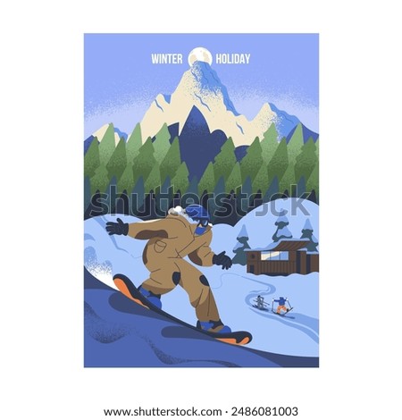 Active person snowboarding on mountain poster. People ride on board on snow slope on winter vacation. Sport tourism in ski resort on holidays. Extreme activity in snowy rocks. Flat vector illustration