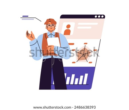 Human resource, hiring, HR concept. Candidate for job with resume. CV of recruit with skill graph. Searching of office worker, selecting, choice of employee. Flat isolated vector illustration on white