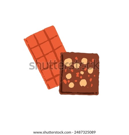 Dark, milk chocolate sticks with fruit and nuts filling. Bars of cocoa with pieces of biscuit, hazels. Food for dessert. Confectionery icon. Flat isolated hand drawn vector illustration on white