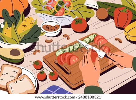 Hands cut tomatoes with knife on wooden board top view. Person prepares vegetable salad. Character cooks healthy food on kitchen worktop. Cooking process of vegetarian meal. Flat vector illustration