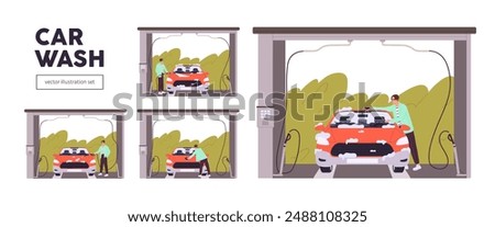 Self service carwash set. Man cleaning his auto at hand car wash. Person washes automobile at maintenance station with washer equipment. Flat isolated vector illustrations on white background