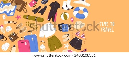 Advertising banner of travel, tourism. Horizontal poster with border, frame of stuff for beach holiday. Sea vacations, journey items: clothes, swimsuit, suitcase, luggage. Flat vector illustration