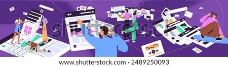 People surfing internet, find information using search system banner. Men and women do online research. Users browsing, look for smth on website with abstract magnifier. Flat vector illustration