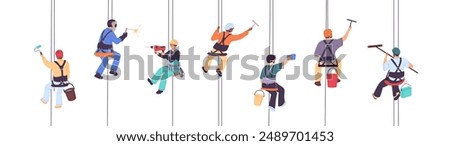 Group of industrial alpinists works at height. Workers with safety ropes clean window. Professional climbers with equipment, tools hanging on harness. Flat vector illustrations isolated on white