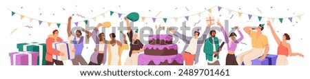 People are at birthday party banner. Happy friends celebrate anniversary, hug for joy. Holiday congratulation with festive cake, gifts, confetti, balloons. Flat isolated vector illustration on white