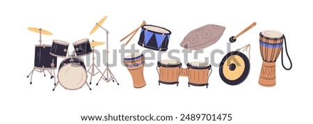 Different music percussion instruments set. Wooden djembe, tribal African bongo, Asian gong, drum kit with cymbals for playing rhythm, beat. Flat isolated vector illustrations on white background