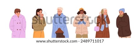 People freeze with cold weather set. Frozen men and women in outerwear, warm outfit, winter clothes shiver, shake with frost, low temperature. Flat isolated vector illustrations on white background