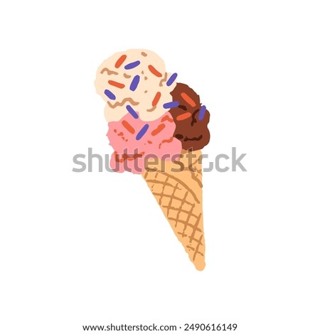 Ice cream balls in waffle cone. Icecream with chocolate, vanilla flavour and sprinkles. Sorbet, sundae. Cold summer dessert of frozen milk. Flat isolated hand drawn vector illustration on white