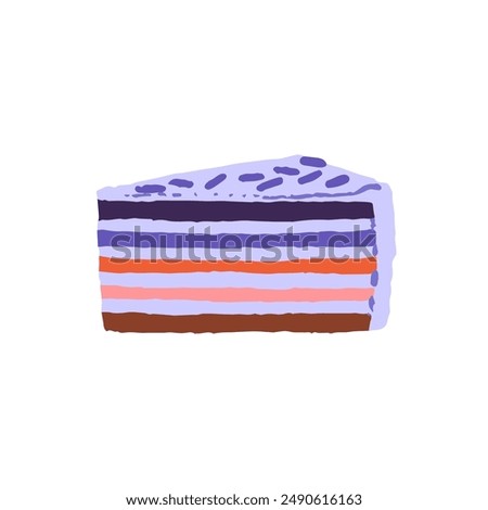 Slice of cream cake with biscuit and fruit filling. Piece of sweet layer pie for Birthday party. Dessert with berry mousse. Confection icon. Flat isolated hand drawn vector illustration on white