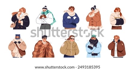 People in winter outerwear freeze set. Different men and women in coats, hats, gloves shiver from cold weather. Characters in warm clothes shake. Flat isolated vector illustrations on white background