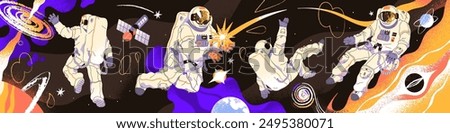 Astronauts flying in outer space horizontal banner. Spacemen are in cosmos. Cosmonauts' flight in outerspace. People in spacesuits, helmets spacewalk between planets, stars. Flat vector illustration