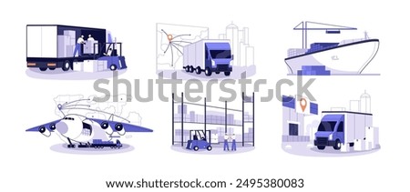 Cargo delivery set. International logistics concept. Shipment of transport for export and import trade. Supply, shipping by truck, plane. Flat isolated vector illustrations on white background