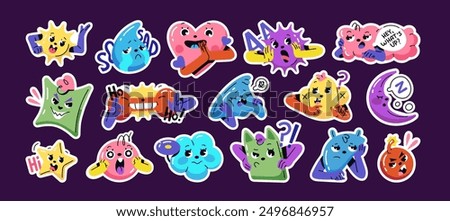 Sticker pack of different mood. Set of abstract characters with positive and negative emotions, happy or sad facial expressions. Icons of various reactions, emojis. Flat isolated vector illustrations