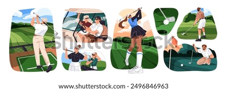 People play golf set. Professional golfers training on field. Players swing, putt, drive by cart. Sport club. Golfball and hole on lawn. Flat isolated vector illustrations on white background