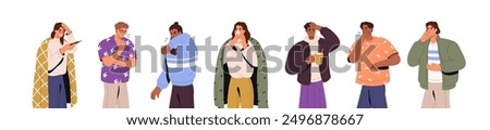 Sick people set. Unwell men, women with fever, cold. Unhealthy characters ill with symptoms of influenza, virus, flu, grippe. Sneeze, cough, running nose. Flat isolated vector illustrations on white